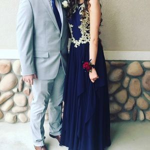 Blue Prom Dress With Gold Detailing
